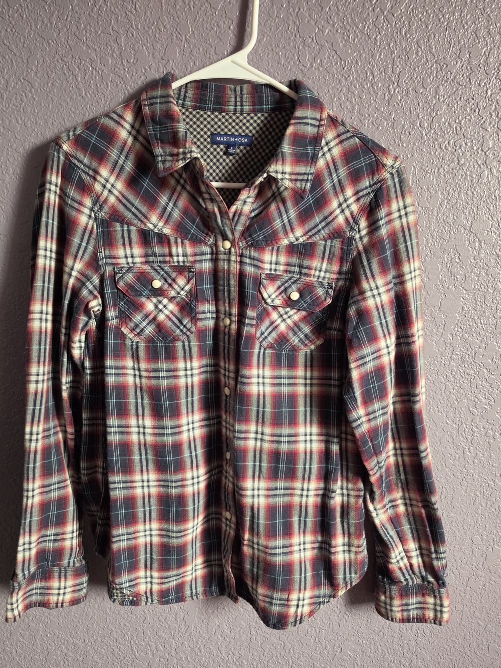 Martin + Osa Red and Navy Plaid Snap-Front Shirt